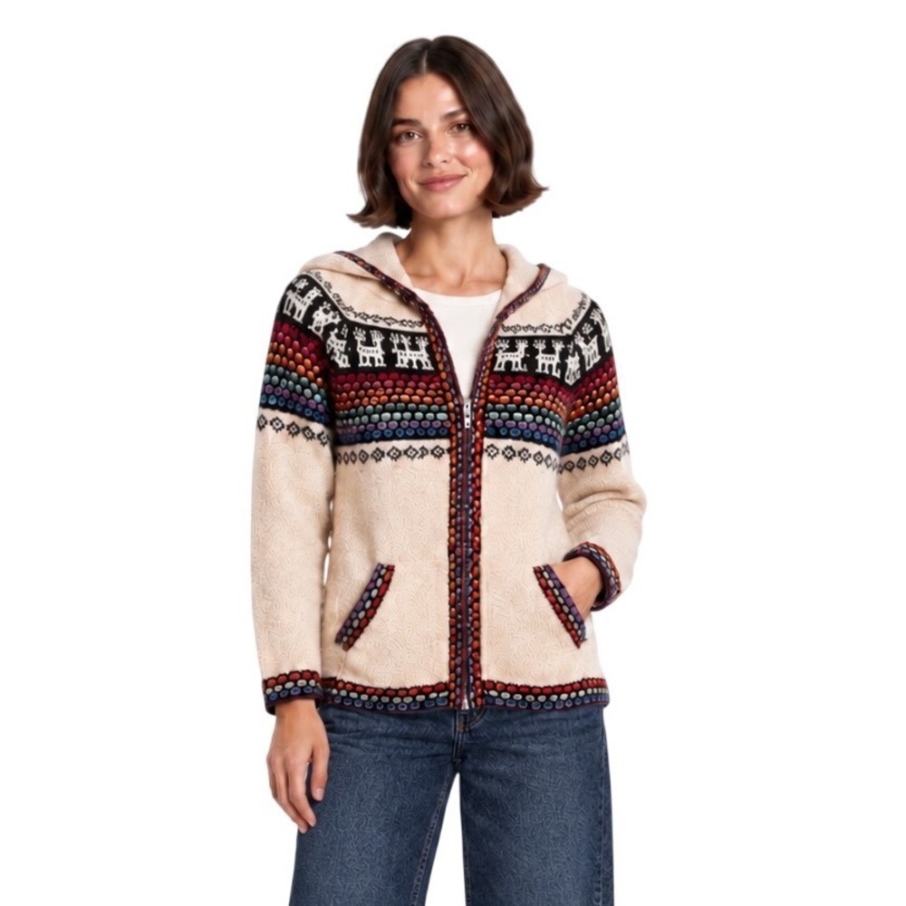 Baby Alpaca Peru Hooded Zip Sweater Jacket Fair Isle Nordic Llama Yolanda Est. S